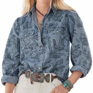 Sundance Snap Button Floral Fountains Print Chambray Shirt Boho Western XL